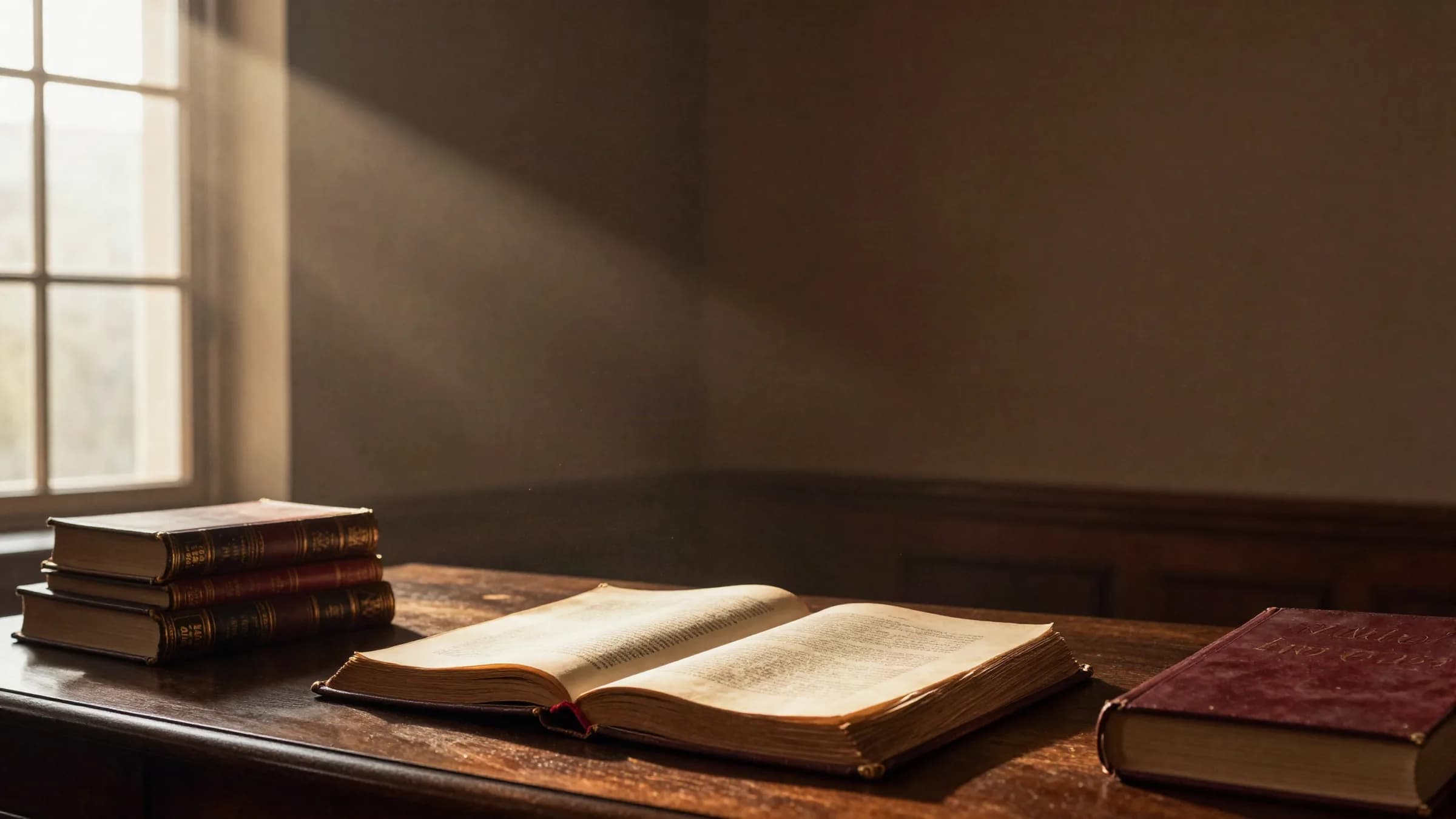 Mesa de estudo iluminada pela luz da janela, com um livro aberto e volumes encadernados